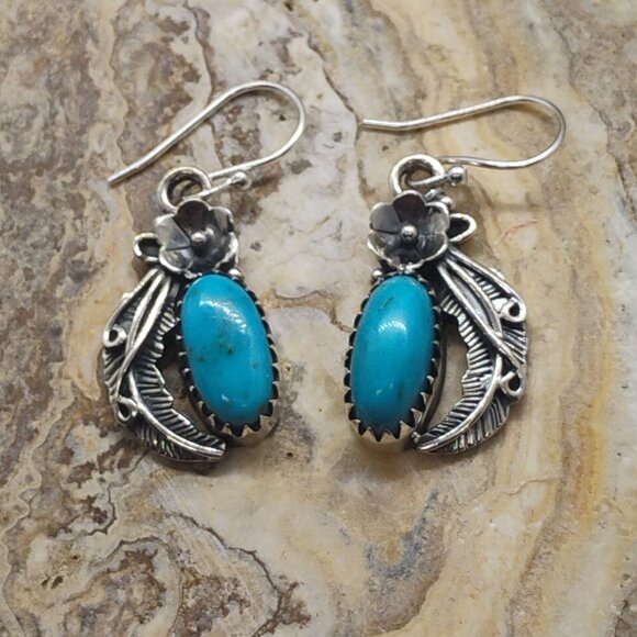 Artisan Jewelry - Southwest Sterling Silver Turquoise Dangle Earrings Flower Feather Handmade